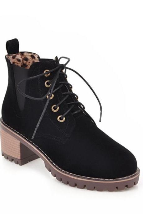 Pu Lace-up Pure Color Round Toe Boots