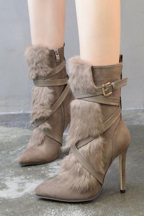 Pointed Toe High Heel Faux Fur Embellished Strappy Suede Boots With Side Zipper