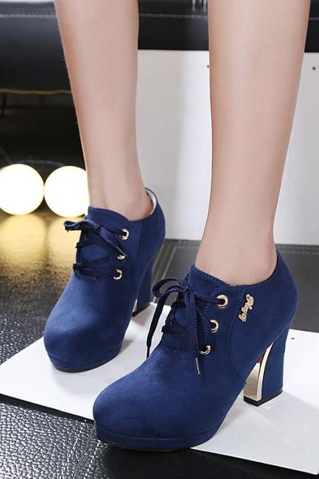 Suede Pure Color Chunky Heel Round Toe Lace-up High Heels