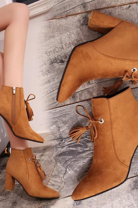 Suede Pure Color Chunky Heel Pionted Toe Short Boots