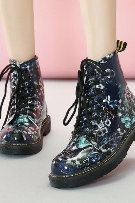 Pu Print Chunky Heel Round Toe Lace-up Short Boots