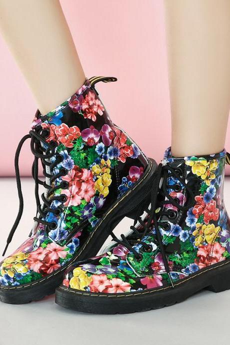 PU Flower Print Chunky Heel Round Toe Lace-up Short Boots