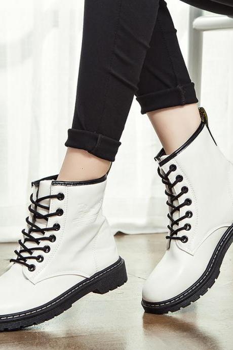 Pu Chunky Heel Round Toe Pure Color Lace-up Short Boots