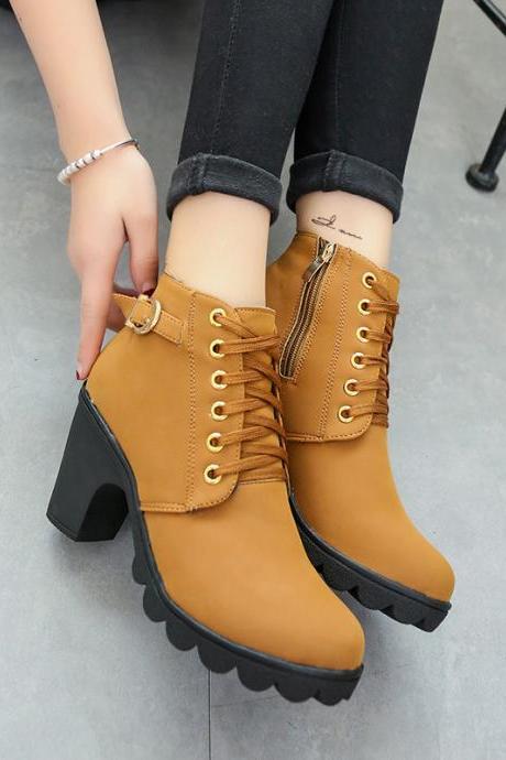 Chunky Heel Pu Round Toe Pure Color Lace-up Short Boots