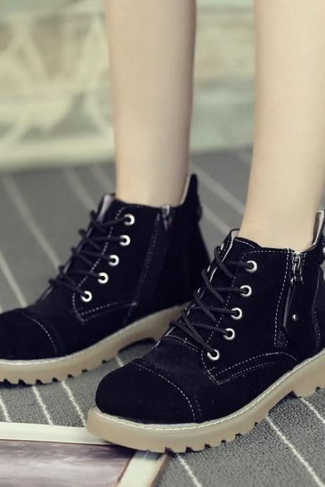 Suede Pure Color Chunky Heel Round Toe Lace-up Short Boots