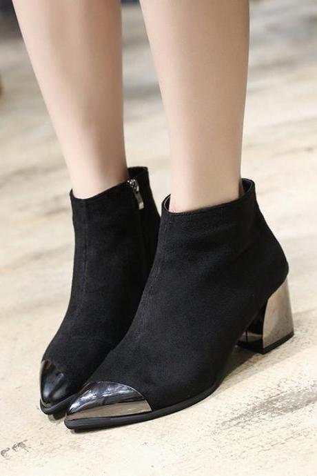 Suede Patchwork Chunky Heel Pointed Toe Platform Boots