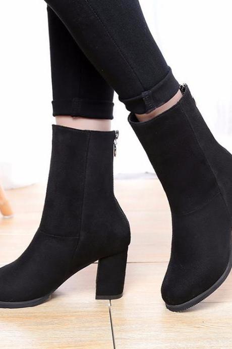 Suede Pure Color High Heels Round Toe Zipper Boots