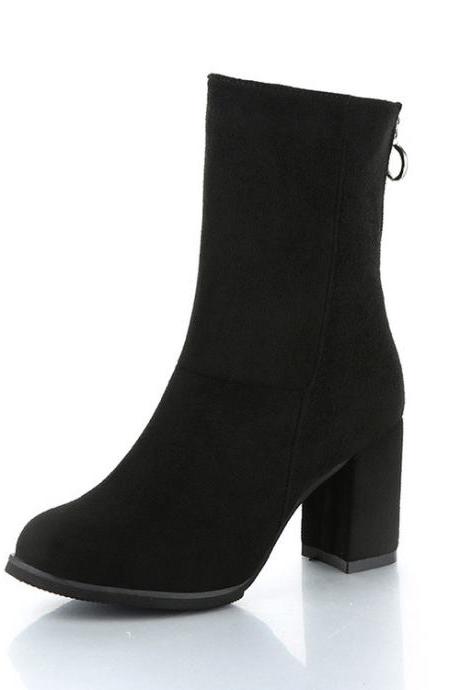 Pu Pure Color Round Toe Chunky Heel Zipper Short Boots