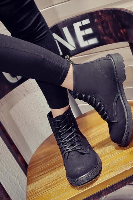 Suede Black Chunky Heel Round Toe Lace-Up Short Retro Boots