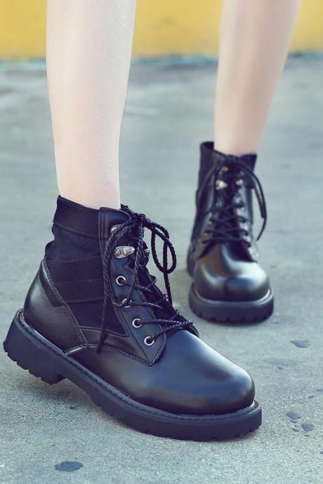 Pu Pure Color Lace-up Round Toe Chunky Heel Short Boots