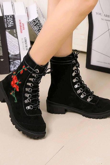 Scrub Pure Color Lace-up Chunky Heel Round Toe Boots