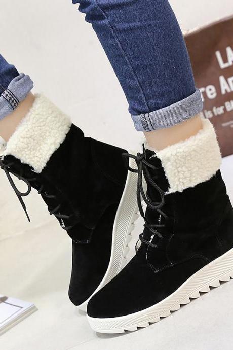 Scrub Pure color Lace-Up Slope Heel Round Toe Boots