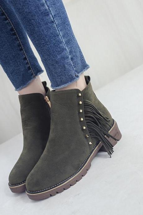 Scrub Pure Color Lace-up Rivets Chunky Heel Round Toe Boots