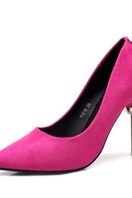 Pink Faux Suede Pointed-Toe High Heel Metal Stilettos Featuring Beaded Embellishment 