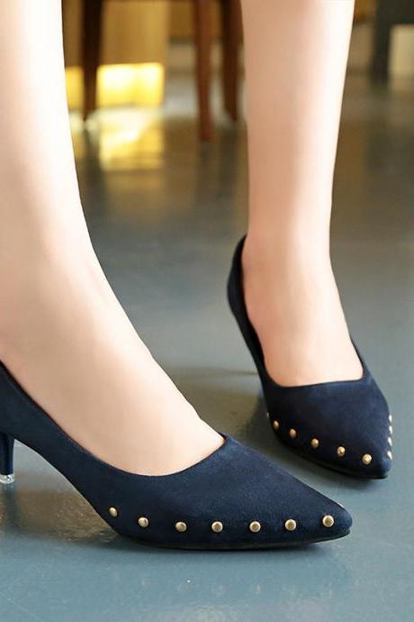 Faux Suede Pointed-toe Kitten Heels Featuring Rivets Trim