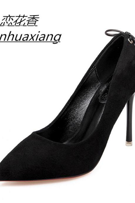 Faux Suede Pointed-Toe High Heel Stilettos Featuring Ribbon Accent Back 