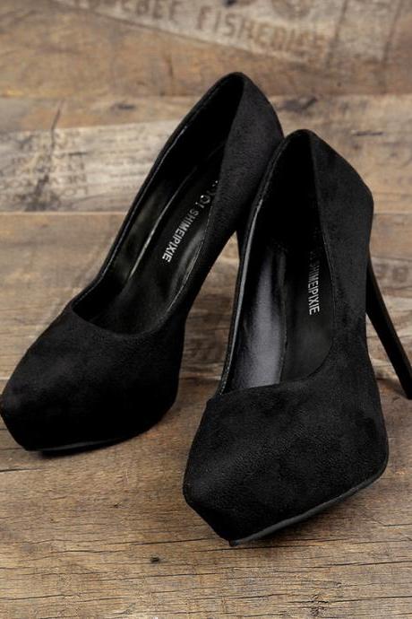 Black Faux Suede Pointed-Toe Platform High Heel Stilettos