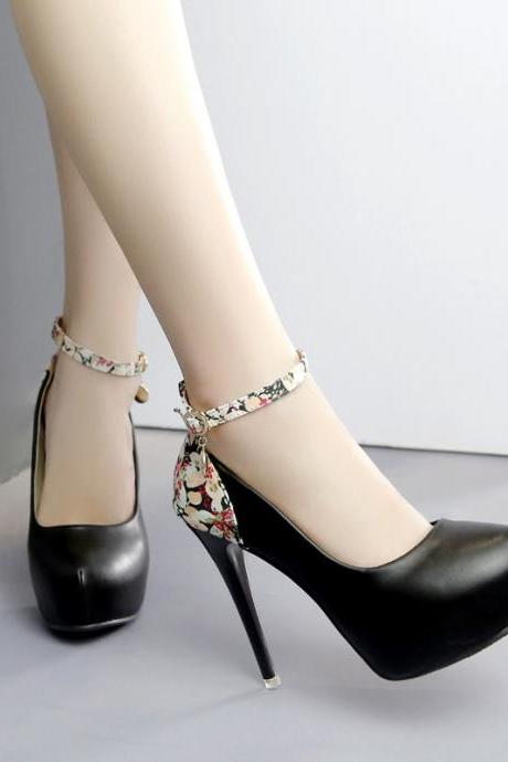 Pure Color Pu Stiletto Heel Round Toe Ankle Strap High Heels