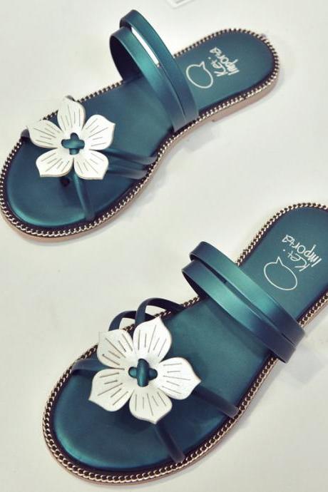 Pu Pure Color Round Toe Flower Flat Sandals