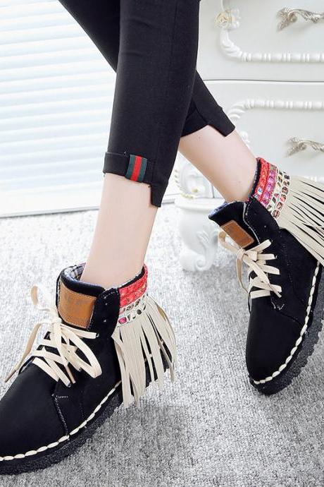 Suede Patchwork Tassel Lace-Up Round Toe Boots
