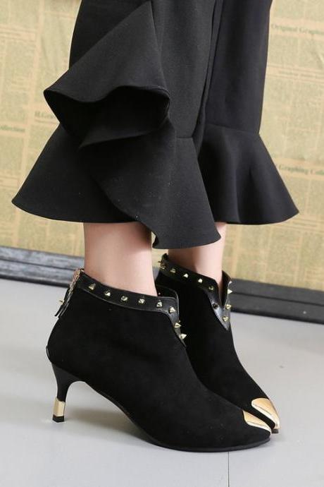 Black Suede Pointed Toe Kitten Heel Shoes With Metallic Studs And Cap Toe