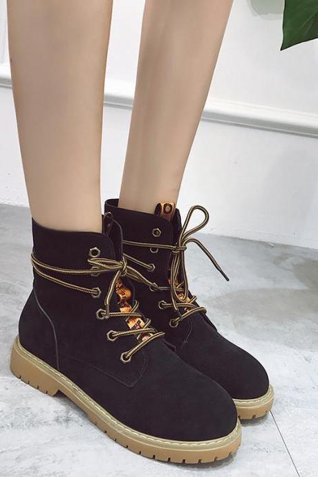 Pure Color Scrub PU Chunky Heel Round Toe Lace-up Short Boots