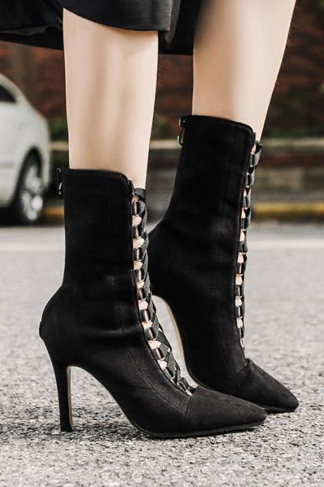 Pure Color Suede Stiletto Heel Pionted Toe Strap Boots
