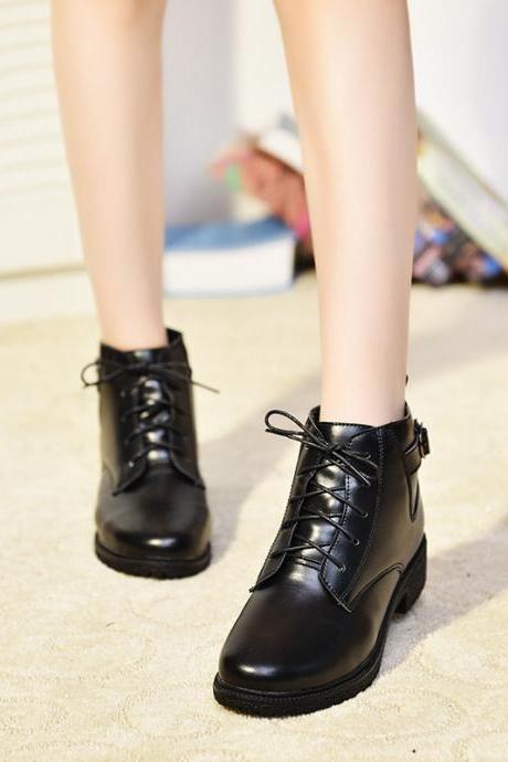 Pure Color Pu Pure Color Chunky Heel Round Toe Lace-up Short Boots