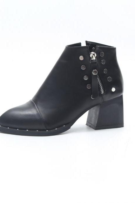 Pure Color Pu Chunky Heel Round Toe Zipper Short Boots