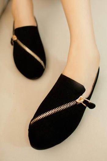 Pure Color Pu Chunky Heel Round Toe Zipper Flats