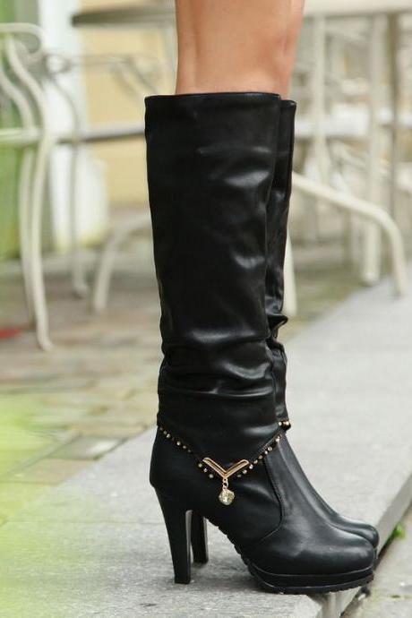 PU Stiletto Heel Pure Color Round Toe Long Boots