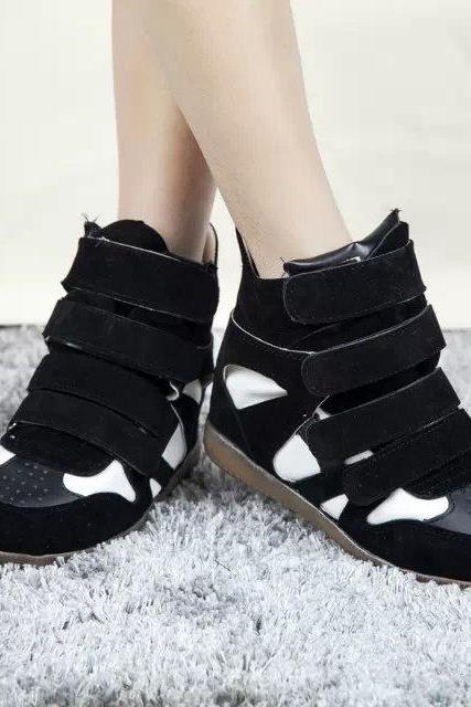 PU Slope Heel Patchwork Round Toe Short Boots