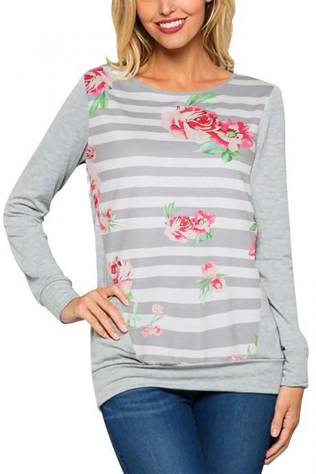 Flower Print Striped Patchwork Long Sleeves Casual T-shirt