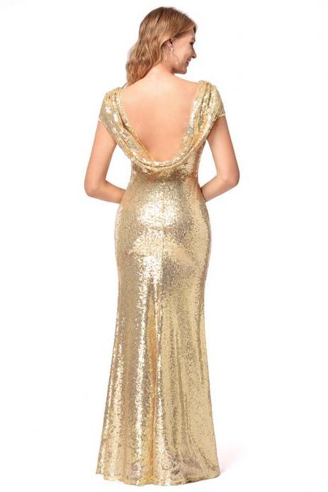 Shinning Backless Short Sleeve Sequined Long Party Bridesmaid Dress
