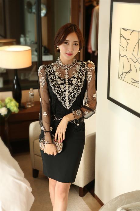 Sexy High-necked Lace Pure Color Patchwork Long Sleeves Long Blouse