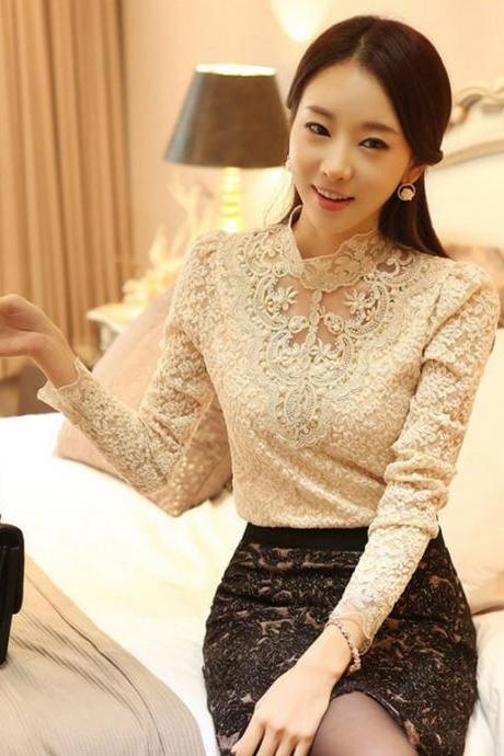 High-necked Lace Pure Color Patchwork Long Sleeves Long Blouse