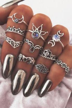 Hollow Out The Elephant Palm Moon Set Auger Lotus Flower 10 Pieces Of Each Ring Set