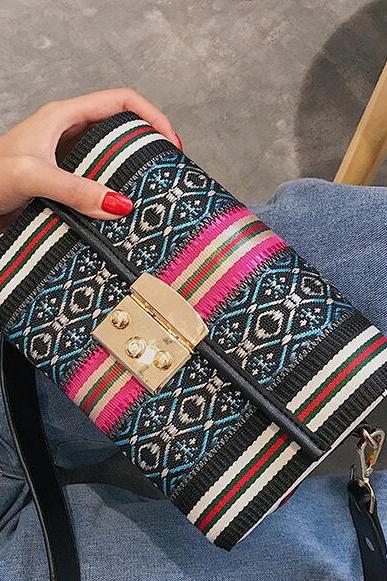 Ethnic Style Patchwork Lock Decoration Crossbody Bag