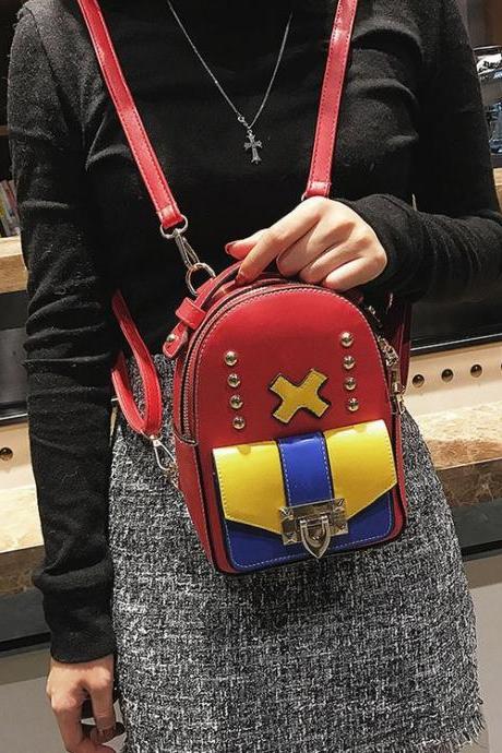 Personality Color Block Rivet Decoration Zipper Backpack