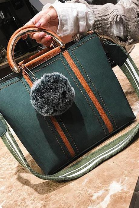 Colour Block Tote Bag, Handbag with Detachable Shoulder Strap and Pompom Keychain