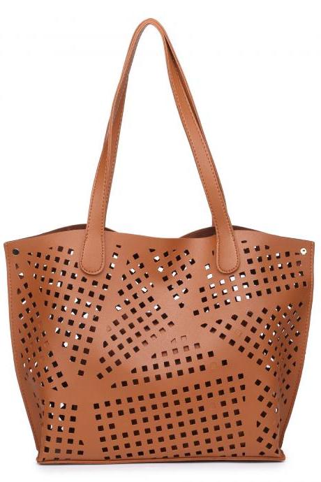 Casual Hollow-Out PU Tote Bag (2 Bags)