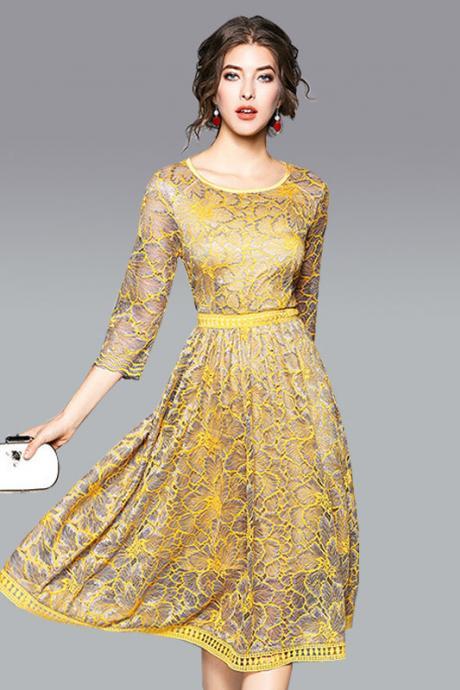 High Quality 3/4 Sleeves Knee-length Lace Party Dress