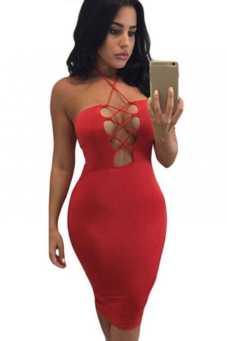 Lace Up Hollow Out Sexy Knee-length Bodycon Dress