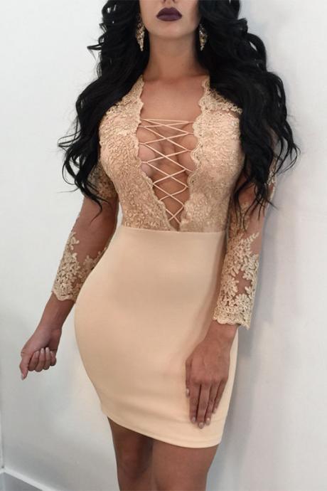 Lace Up Hollow Out Transparent Embroidery Short Bodycon Dress