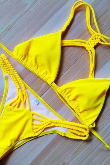 Hand Woven Candy Color Color Straps Bikini Set