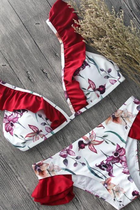 Flower Print Red Falbala Bikini Set