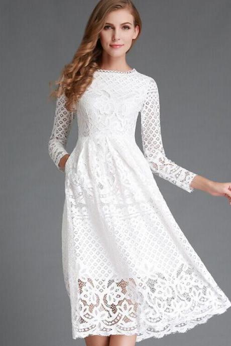 Solid Color Long Sleeves Scoop Knee-length Lace Dress
