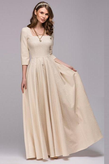 Square Necklace Pure Color Half Sleeves Long Dress