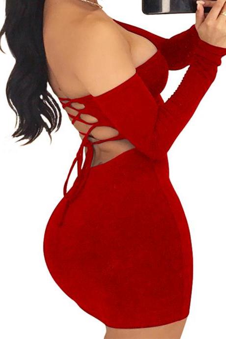 Backless Lace Up Hollow Out Long Sleeves Off Shoulder Short Dress