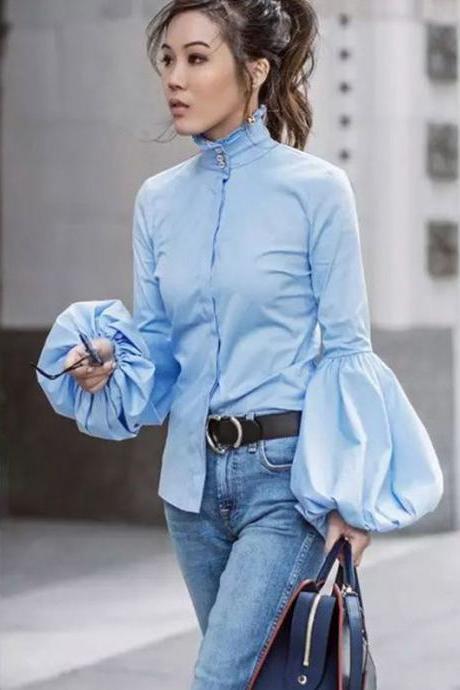 High Stand Collar Pure Color Long Lantern Sleeves Slim Blouse